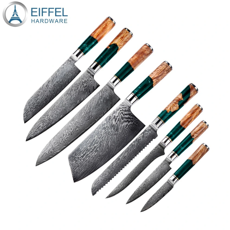 8PCS Vg 10 Japanese Damascus Steel Kitchen Knife Set with Luxury Green Resin Handle Damascus Kitchen