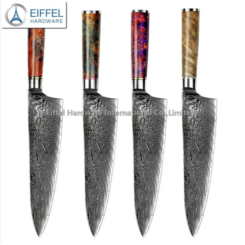 10cr Stainless Steel 8inch Chef Knife, Damascus Chef Knife Carving Knife with Solidified Wood Handle