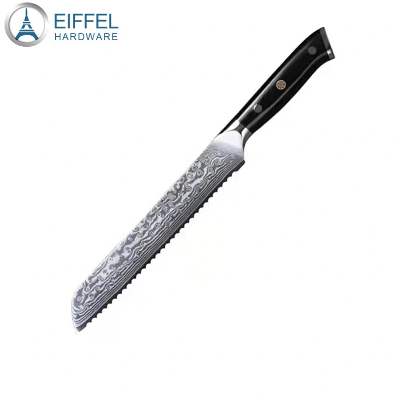 OEM Damascus Carbon Steel Kitchen Cooking Chef Cake Cutting Serrated Bread Knife with G10 Handle-EDK