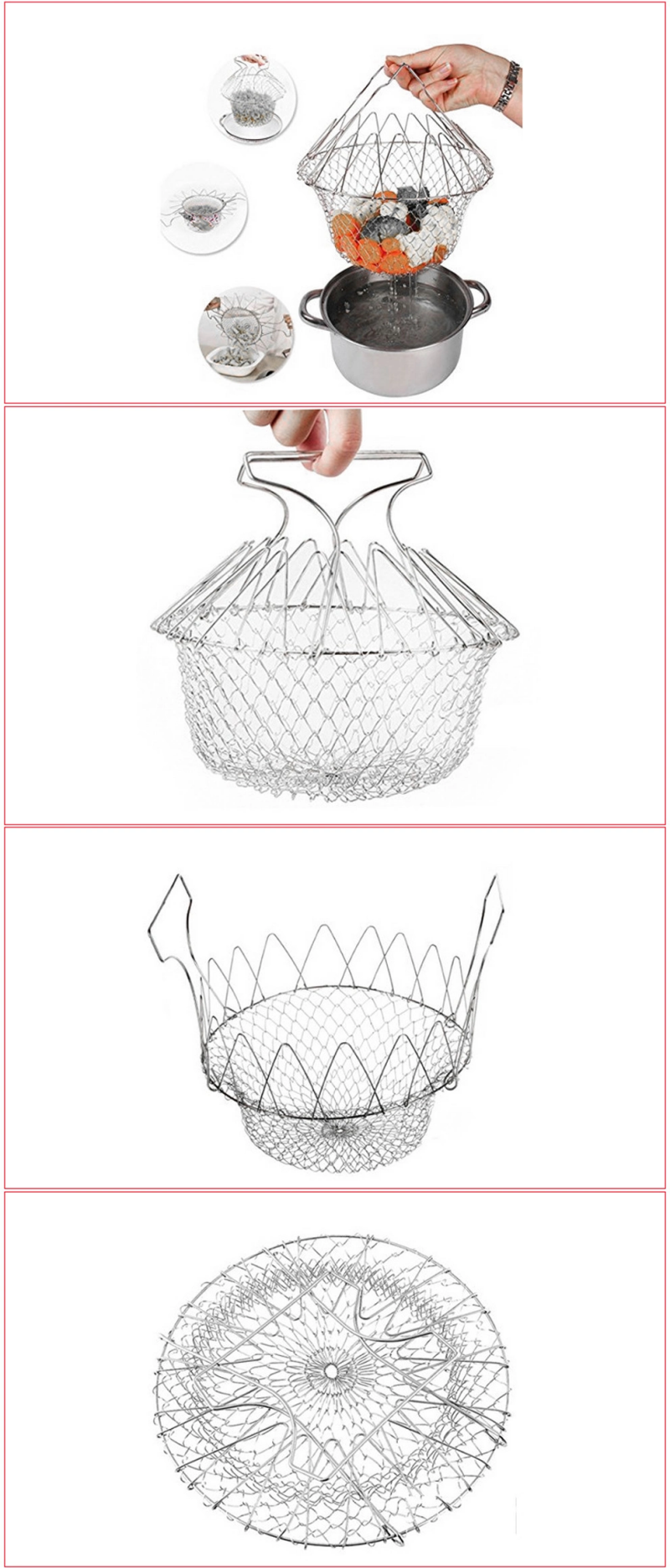 Multi-Purpose Flexible Chef Basket Stainless Steel Foldable Chef Basket Frying Basket Fruit Basket-E