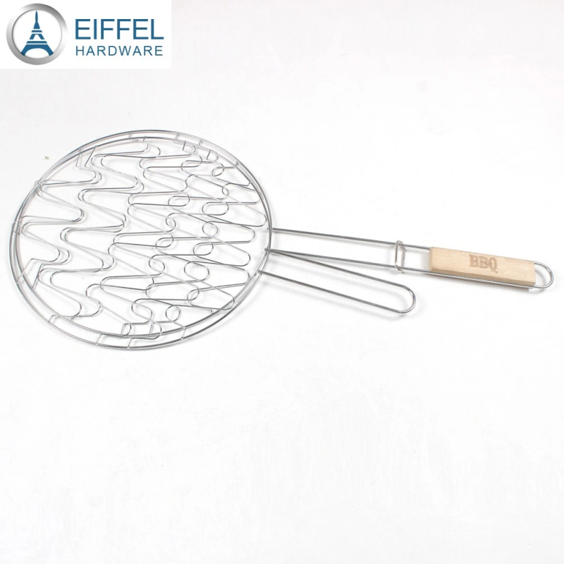 Customized Round Shape BBQ Grill Basket with Wood Handle-EBS01IR0052