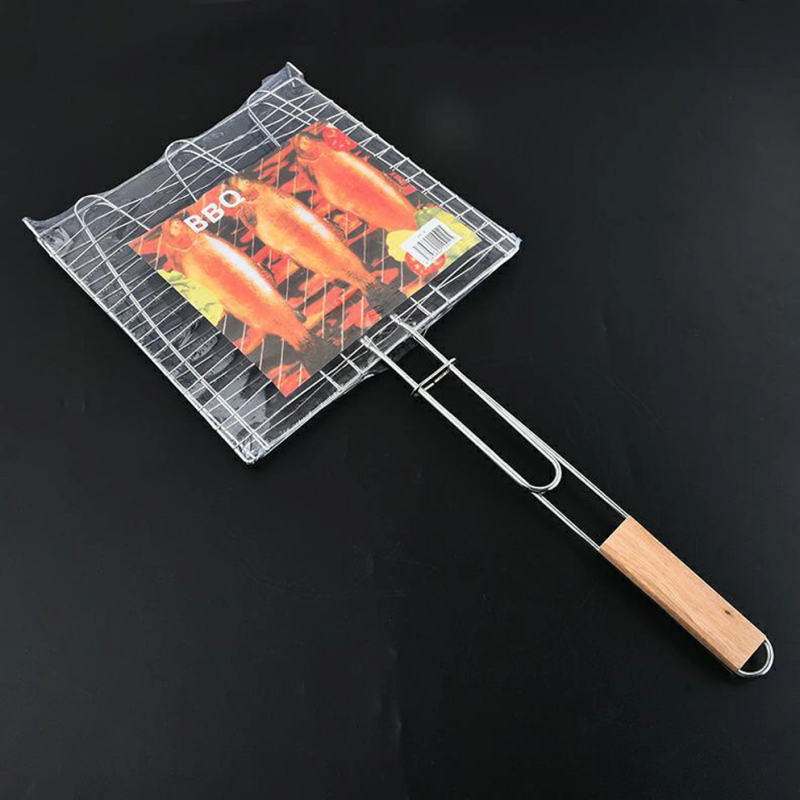 Wholesale Fish Grill Basket Outdoor Barbecue Grill Clip with Wood Handle-EBS01SS0053