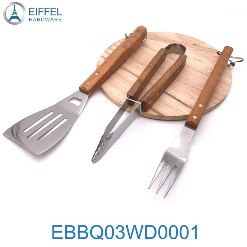 3PCS Portable BBQ Utensil Set, BBQ Grill Set with Wood Handle, Shovel, Fork and Food Tong-EBB03WD000