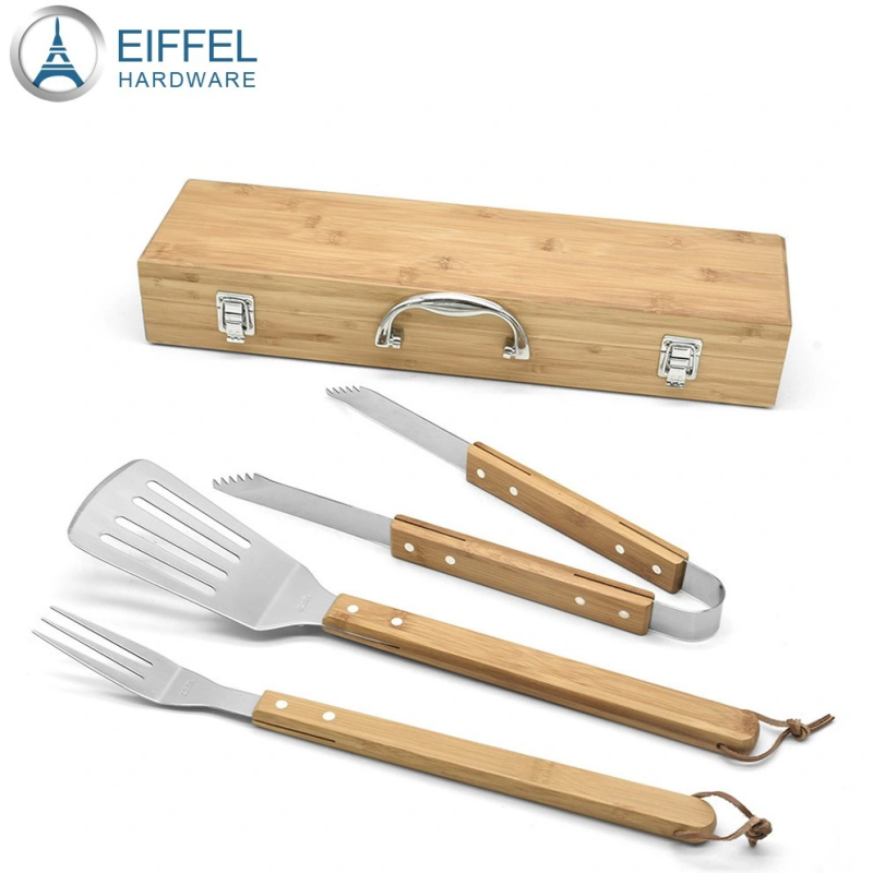 3-Piece BBQ Grilling Tools Utensil Set with Premium Wood Handle Bamboo Carry Case-EBBQ03WD0049