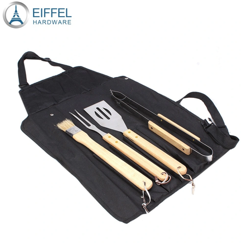 4PCS BBQ Tool Set with Wood Handle and Nylon Pouch Packing-EBBQ04WD0057