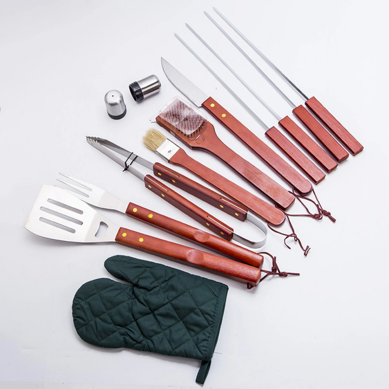 13-Piece BBQ Grilling Tools Utensil Set with Premium Wood Handle and Apron Pouch Packing-EBBQ13WD004