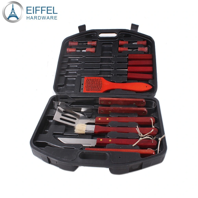 18 PCS BBQ Tools Set Stainless Steel Wooden Handle Barbecue Tools Outdoor Camping Plastic Box Home B